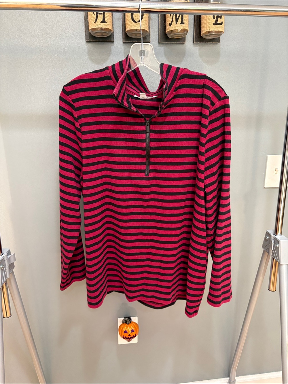 Chico's Pink & Black Striped Long Sleeve Half-Zip Top